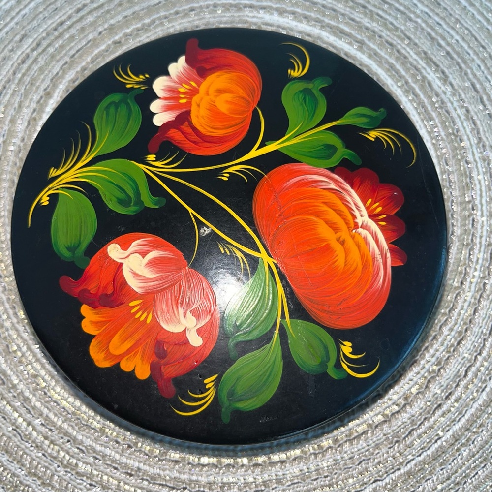Vintage Russian Lacquer Trinket Box Hand Painted Floral Black Round Jewelry Case